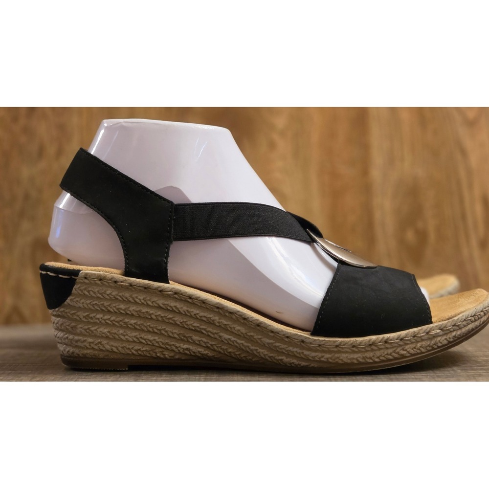 Rieker Fanni Wedge Slip On Shoes Womens Size 39 US 8 Black Comfort Strappy